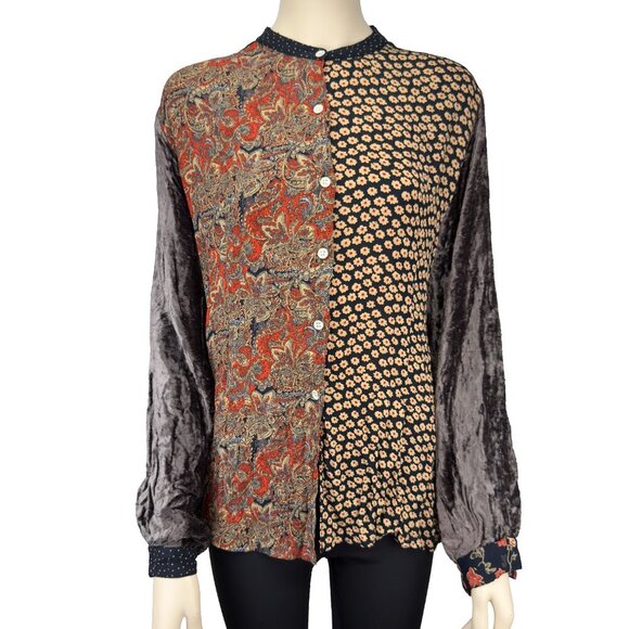 FRENCH CONNECTION Boho Patchwork Multicolor‎ Floral Dot Button-Up Shirt Blouse L - Picture 4 of 11